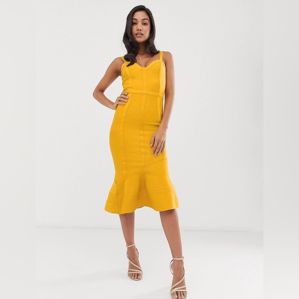 ASOS DESIGN. Tape detail bandage asymmetrical hem midi dress. US 6. Yellow. Used